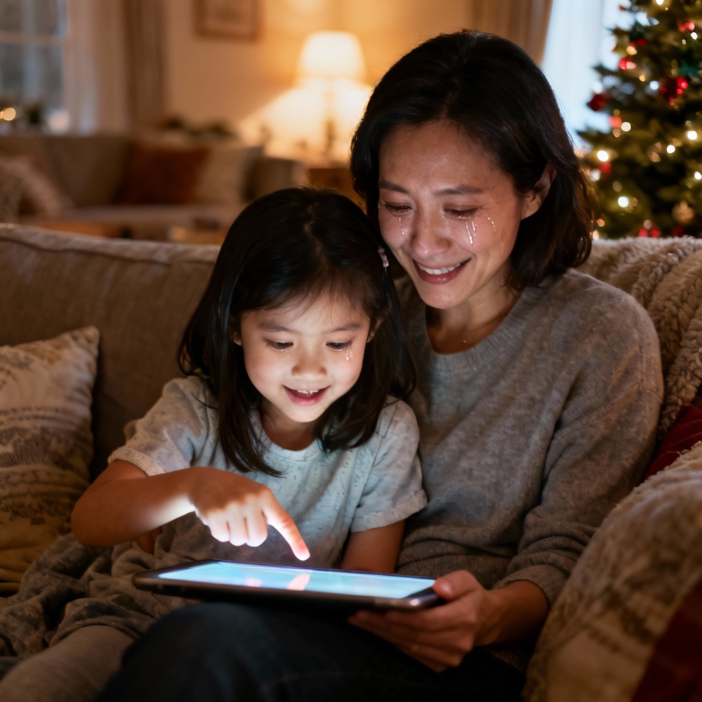 Mom and daughter watching Santa video